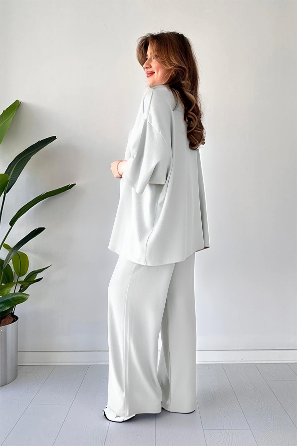Kadın Dökümlü Bürümcük Yazlık Kimono Takım - Beyaz - 2