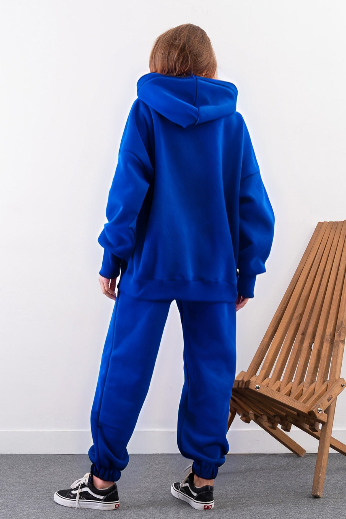 Kadın Yüksek Bel 3 İ̇plik Kalın Şardonlu Oversize Fit Jogger Eşofman Takımı - Saks Mavisi - 4
