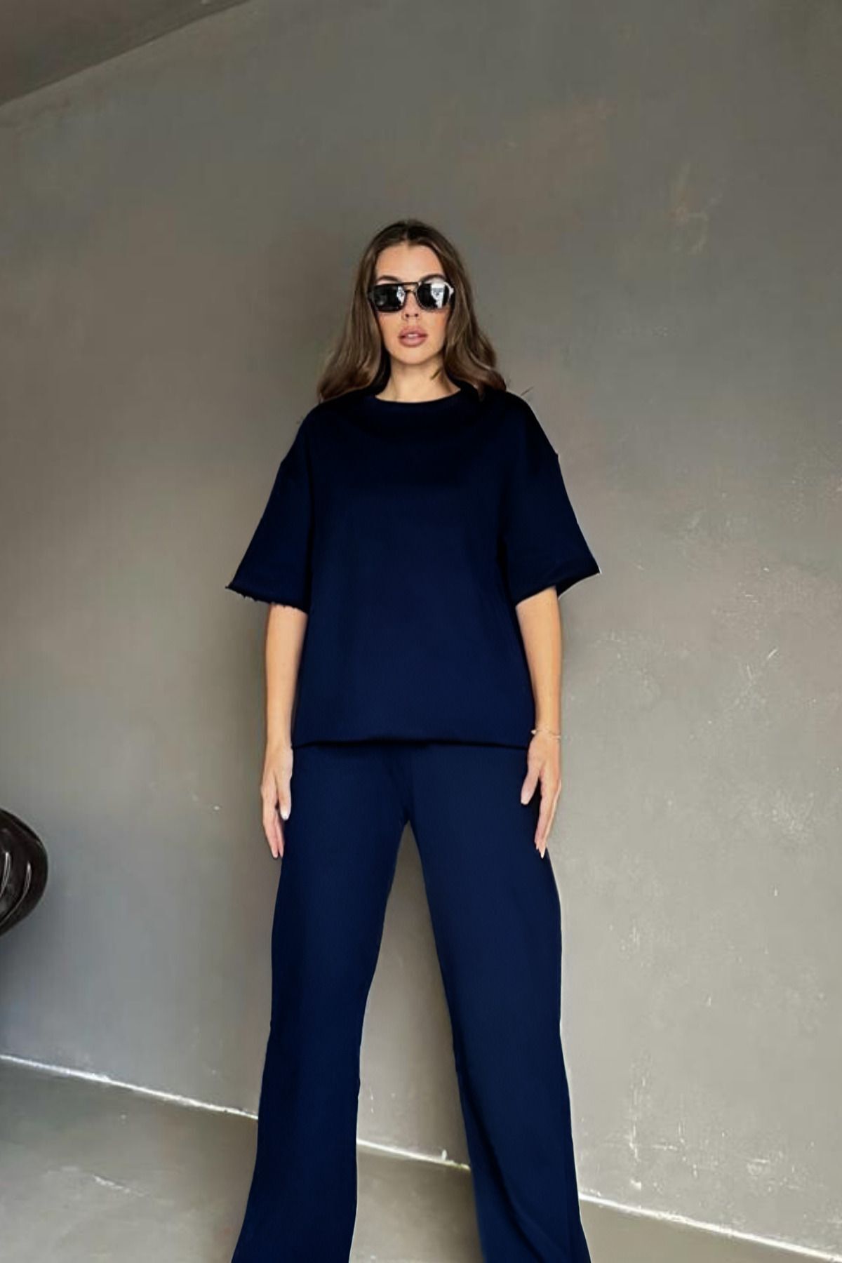 Kadın Lacivert Batik Düğmesiz Kısa Kol Pamuklu Pijama Takımı - Lacivert - 2