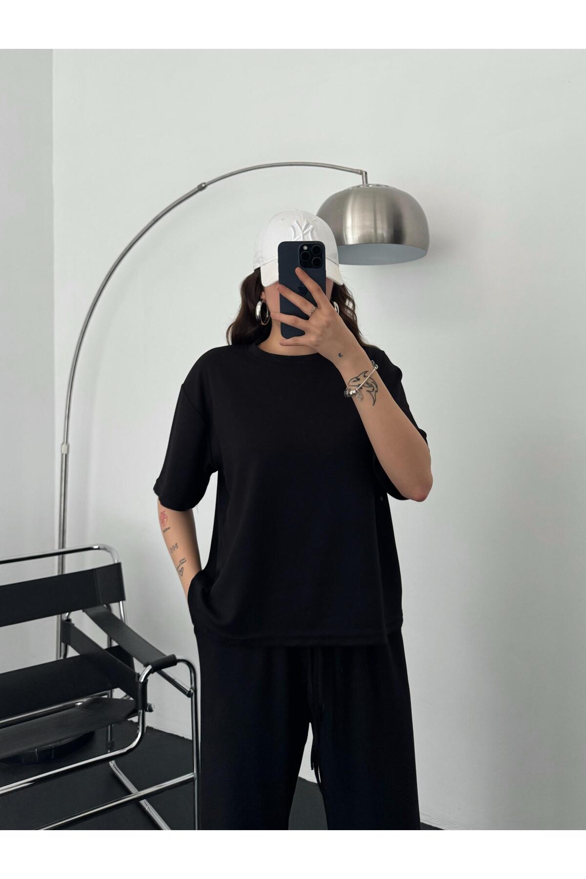 Kadın Modal Penye Yüksek Bel Oversize Alt Üst Takım - Siyah - 3