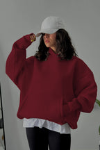 Kadın Kapşonlu Kalın Kanguru Cepli Sweatshirt - Bordo - 1
