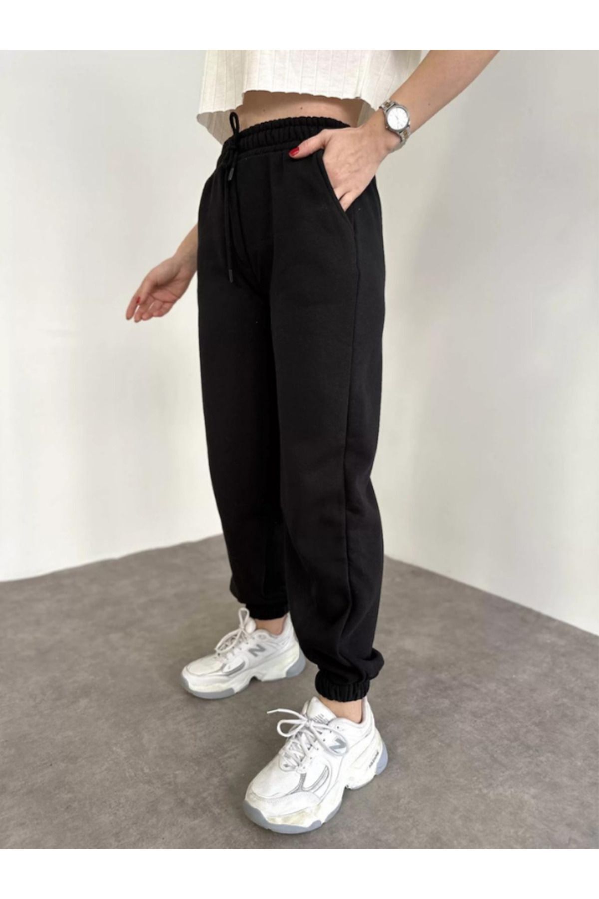 Unisex Kadın Siyah Kalın 3 İ̇plik Basic Jogger Örme Eşofman Altı - Siyah - 2