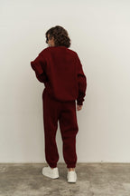 Kadın Oversize Rahat Kalıp Bisiklet Yaka Eşofman Takıım - Bordo - 3