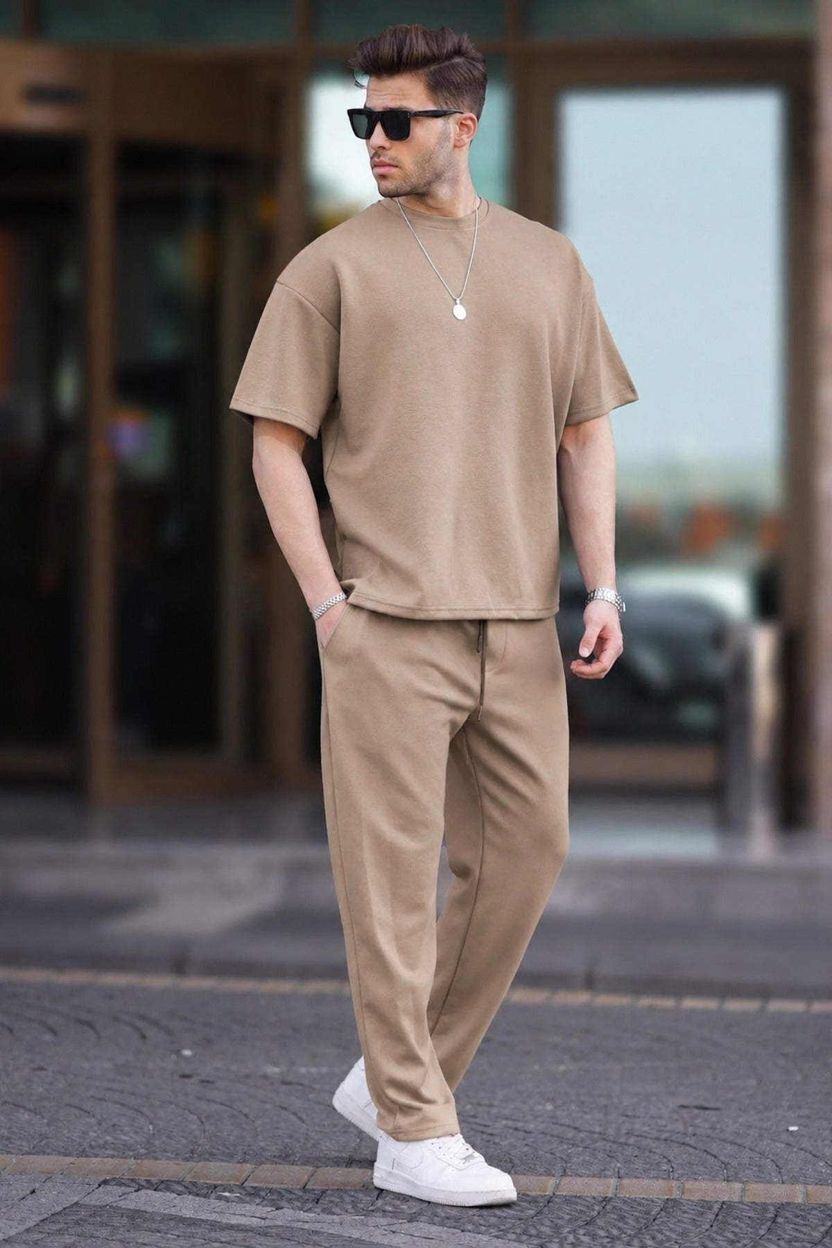 Erkek Yazlık Bisiklet Yaka Oversize Eşofman Takımı - Vizon - 2