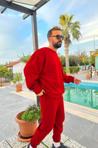 Erkek Unisex 3 İ̇plik Kirmizi Takim Bisiklet Yaka Sweatshirt Ve Eşofman Altı - Kırmızı - 3
