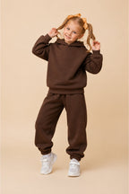 Çocuk Unisex Oversize Modern Kesi̇m Kapüşonlu Kanguru Cepli̇ Süper Yüksek Bel Günlük Eşofman Takimi - Kahverengi - 2