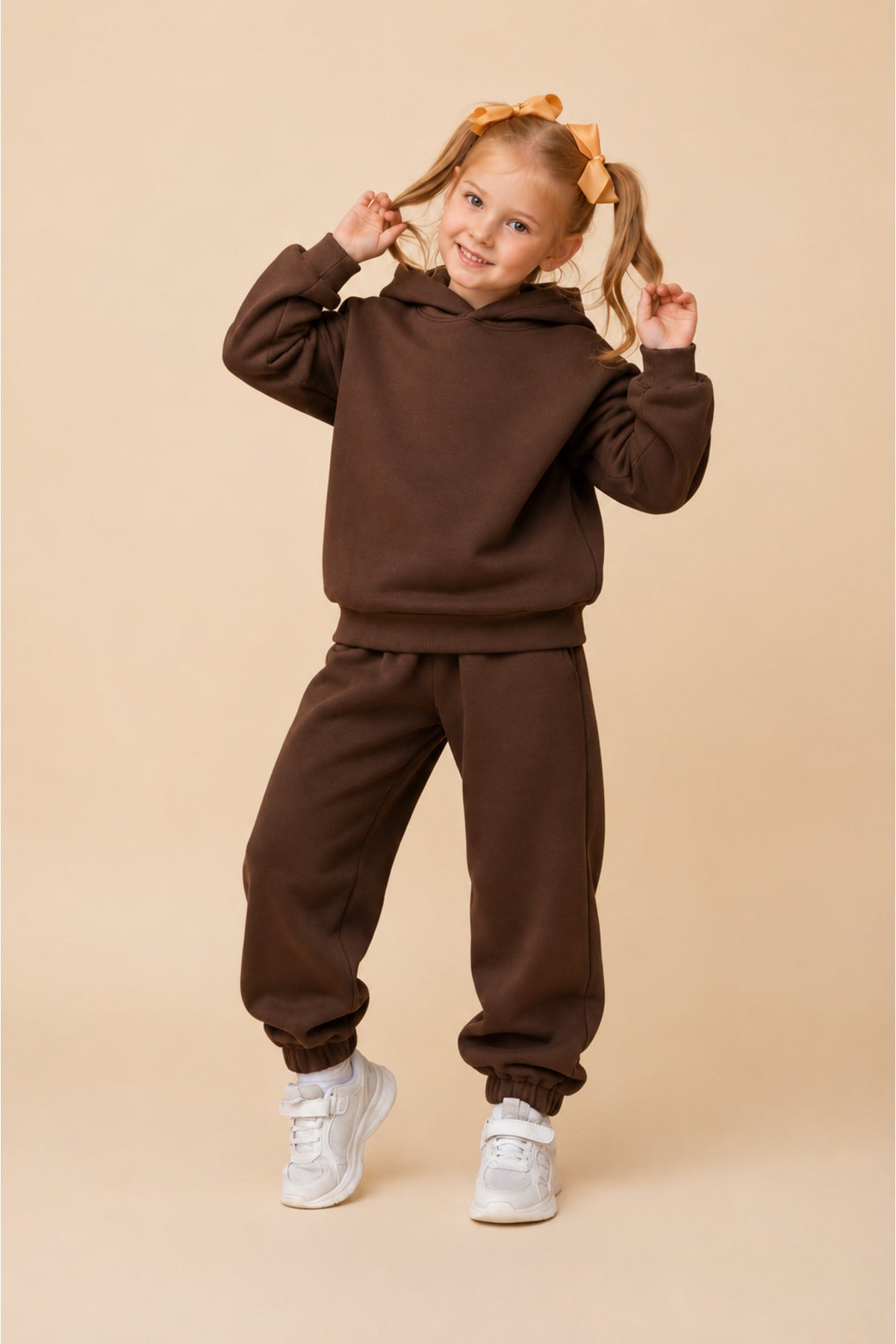 Çocuk Unisex Oversize Modern Kesi̇m Kapüşonlu Kanguru Cepli̇ Süper Yüksek Bel Günlük Eşofman Takimi - Kahverengi - 2