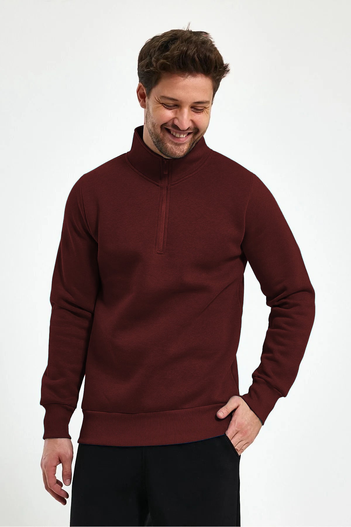 Erkek Yarım Fermuar Dik Yaka Uzun Kollu 3 İ̇plik Sweatshirt - Bordo - 1