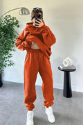Kadın Oversize Trend Model Kanguru Cep Kapşonlu Sweatshirt Eşofman Takımı - Koyu Turuncu - 1