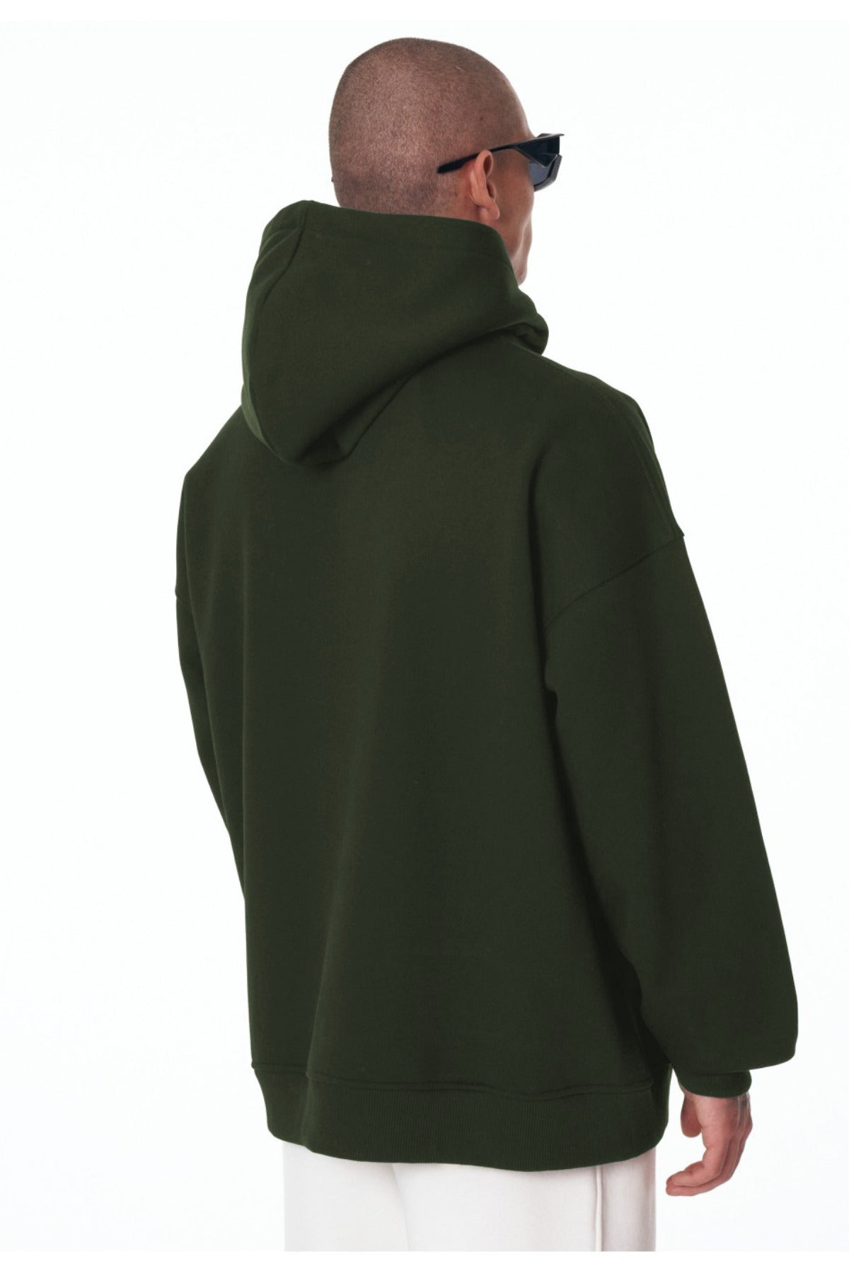 Erkek Bol Kesim Oversize 3 İ̇plik İ̇çi Pamuklu Şardonlu Kanguru Cep Kapşonlu Kışlık Hoodie Sweatshirt - Haki - 3