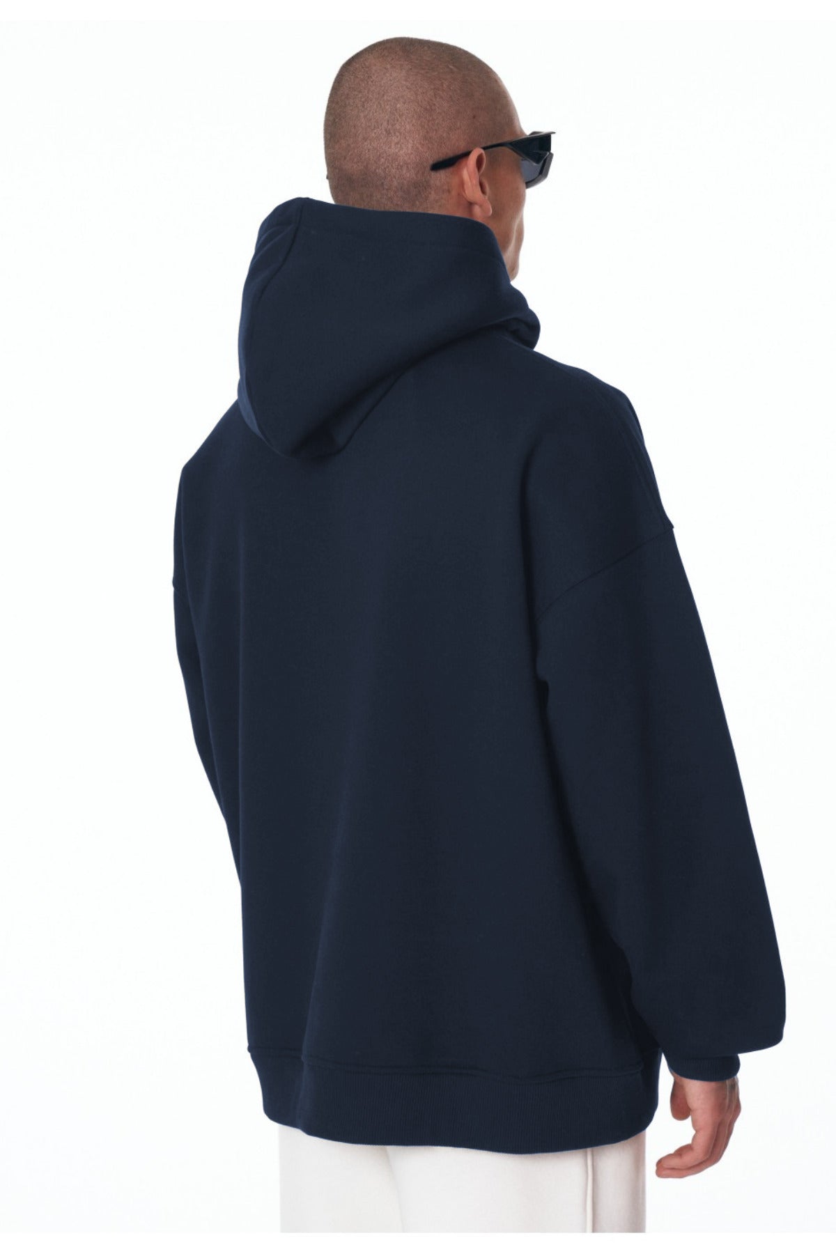 Erkek Bol Kesim Oversize 3 İ̇plik İ̇çi Pamuklu Şardonlu Kanguru Cep Kapşonlu Kışlık Hoodie Sweatshirt - Lacivert - 3