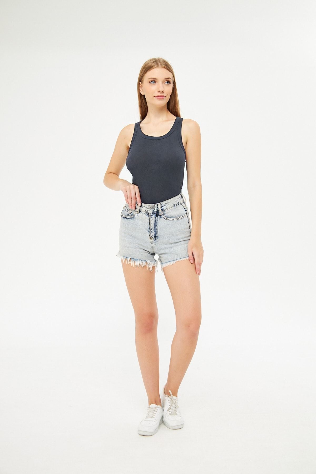Kadın Füme Fitilli Basic Örme Askılı Trend Spor Atlet - Füme - 2