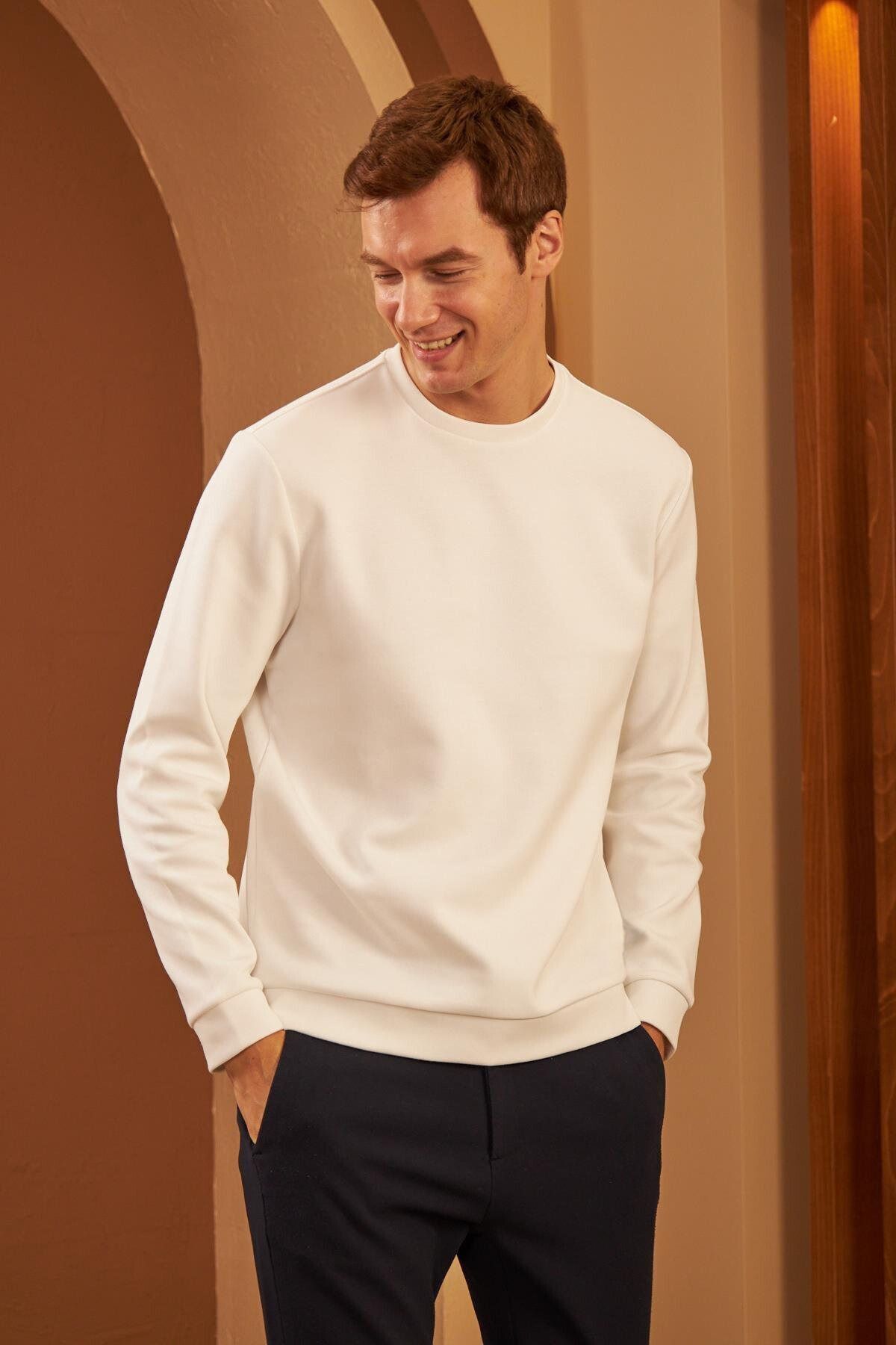 Erkek Bisiklet Yaka Uzun Kollu Oversize Sweatshirt - Beyaz - 2