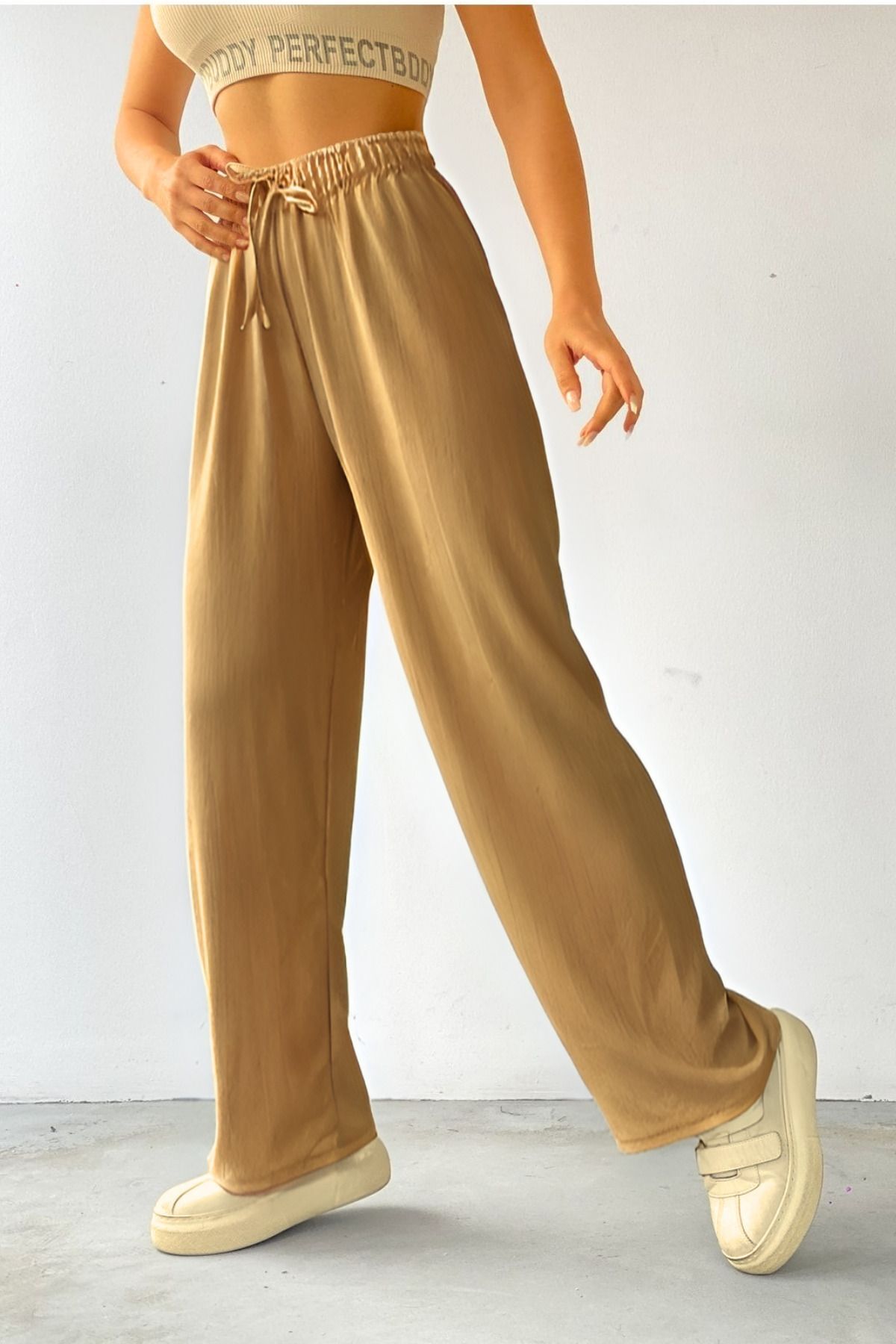 Kadın Camel Palazzo Pantolon Bol Paça Lastikli Bel - Vizon - 2