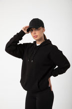Kadın Siyah İ̇çi Polar Sweatshirt Kapşonlu Cepli Günlük Stil Oversize Black Hoodie - Siyah - 4