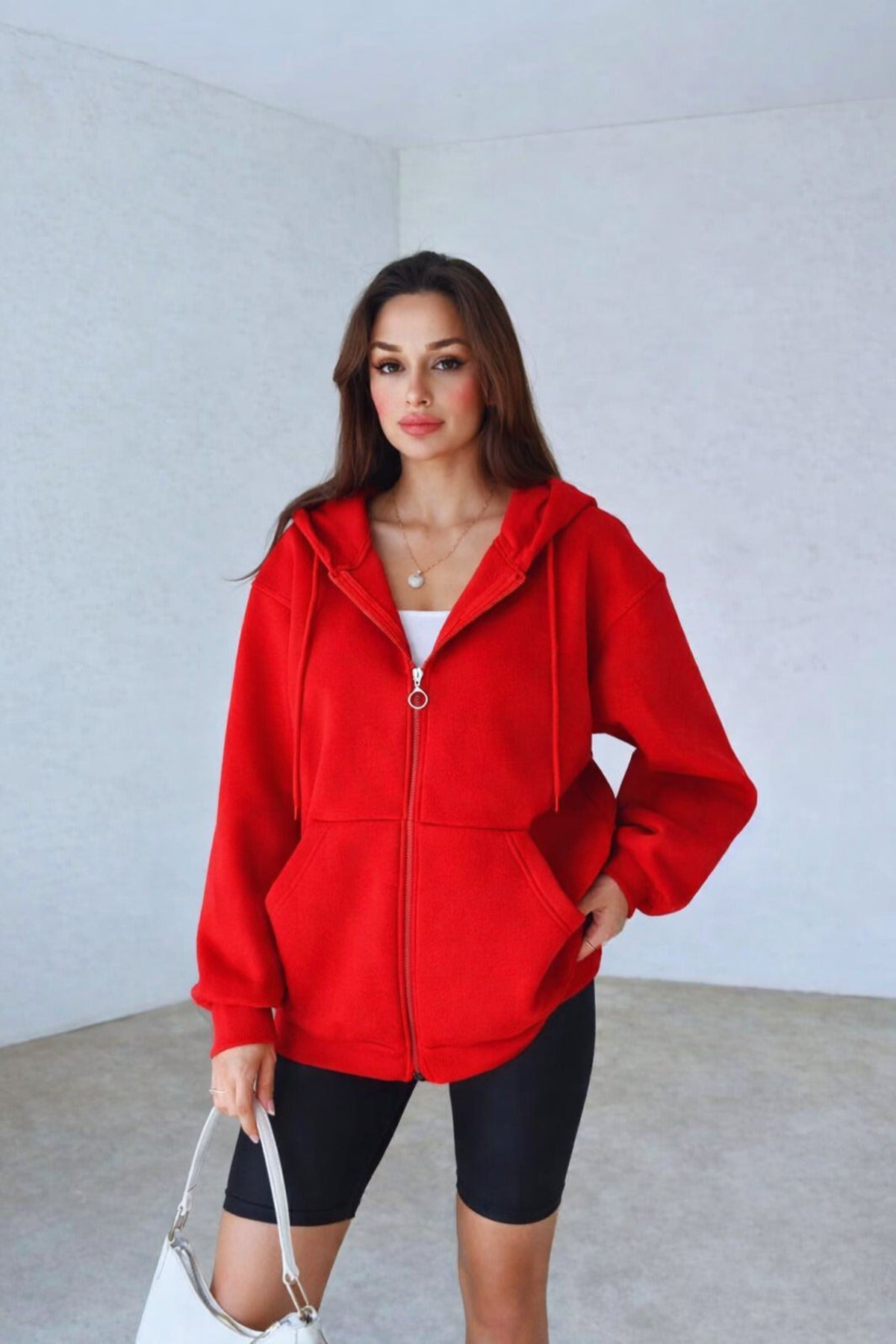 Kadın 3 İ̇plik Oversize Kapüşonlu Fermuarlı Hırka Sweatshirt - Kırmızı - 1