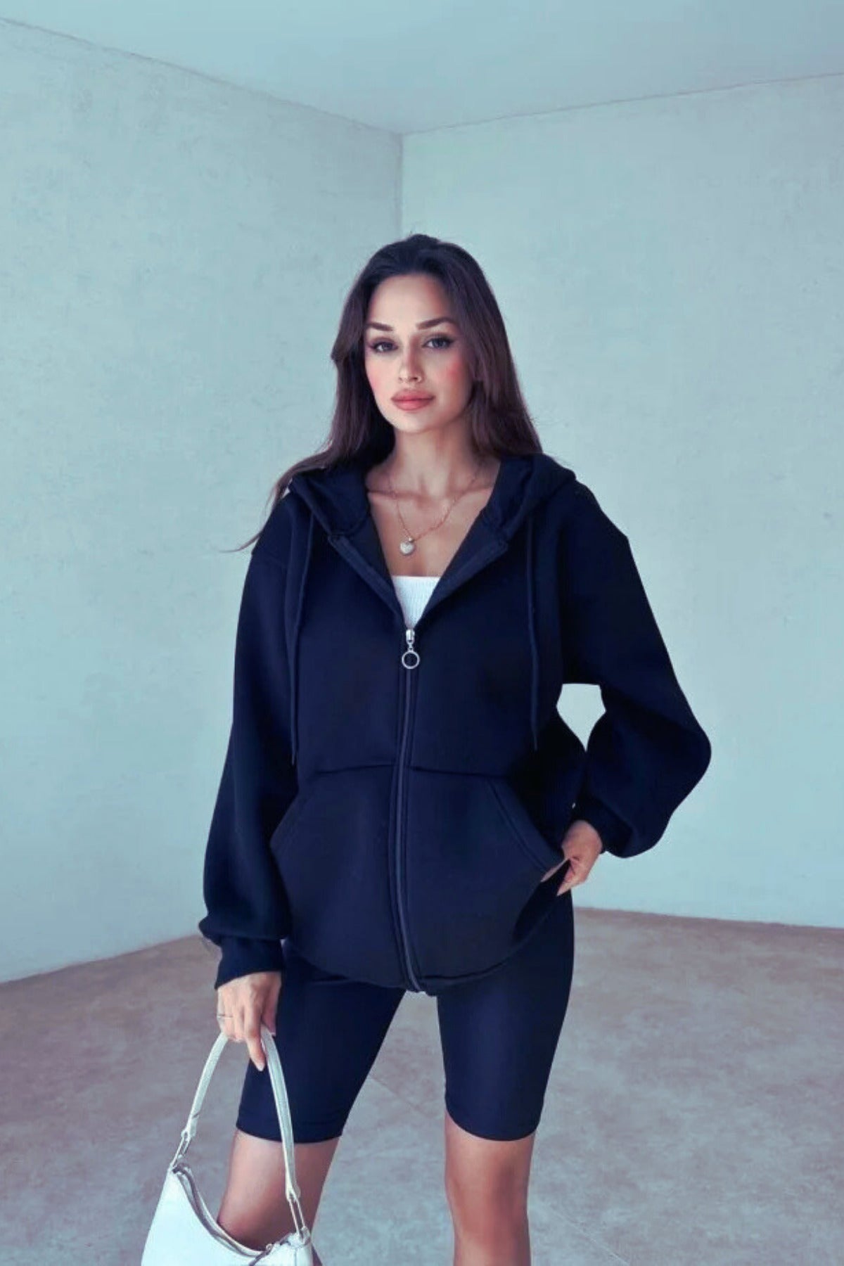 Kadın 3 İ̇plik Oversize Kapüşonlu Fermuarlı Hırka Sweatshirt - Lacivert - 1