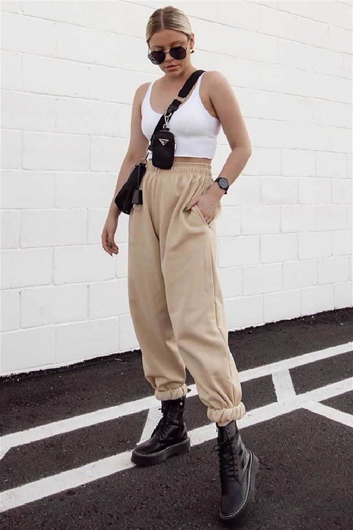 Kadın Bej Jogger Eşofman Altı Kalın İ̇çi Polarlı Yüksek Bel Paçası Lastikli Sweatpants - Bej - 1