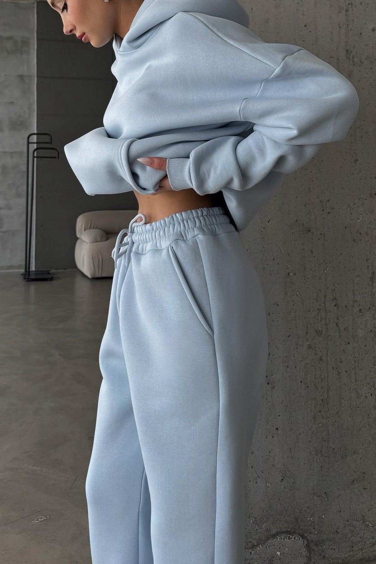 Kadın Paçası Lastikli Jogger Oversize Kışlık Eşofman Takımı - Bebe Mavisi - 2