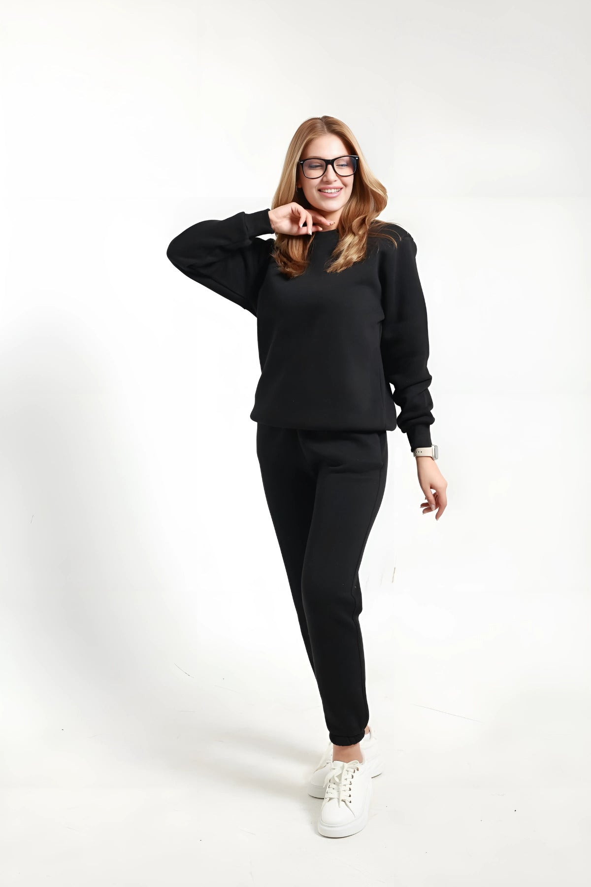 Sweatshirt Jogger Beli Ve Paçası Lastikli Kadın 3 İplik Eşofman Takımı Pamuklu - Siyah - 3