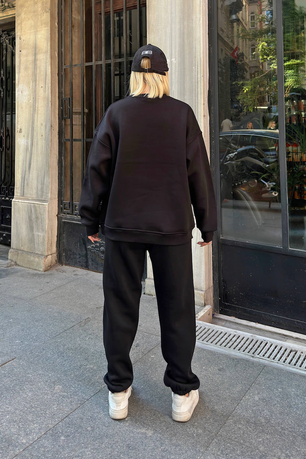 Kadın Oversize Puf Geniş Kalıp Basic Pamuklu Mevsimlik Rahat Eşofman Takımı - Siyah - 4