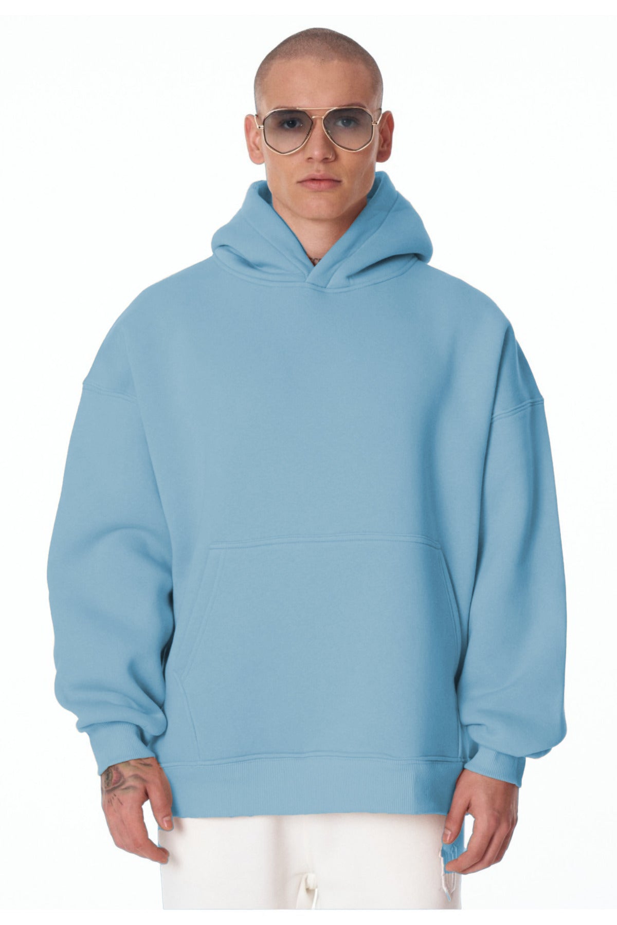 Erkek Bol Kesim Oversize 3 İ̇plik İ̇çi Pamuklu Şardonlu Kanguru Cep Kapşonlu Kışlık Hoodie Sweatshirt - Bebe Mavisi - 2