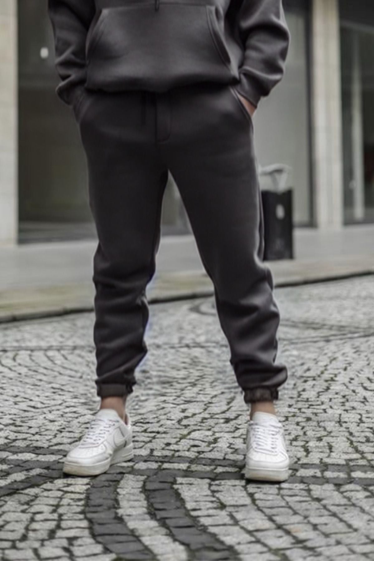 Bay Füme Beli Lastikli 3 İplik Streetwear Eşofman Altı - Füme - 1