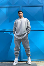 Oversize Pamuklu Kalın Bisikletyaka Eşofman Takımı - Gri - 4