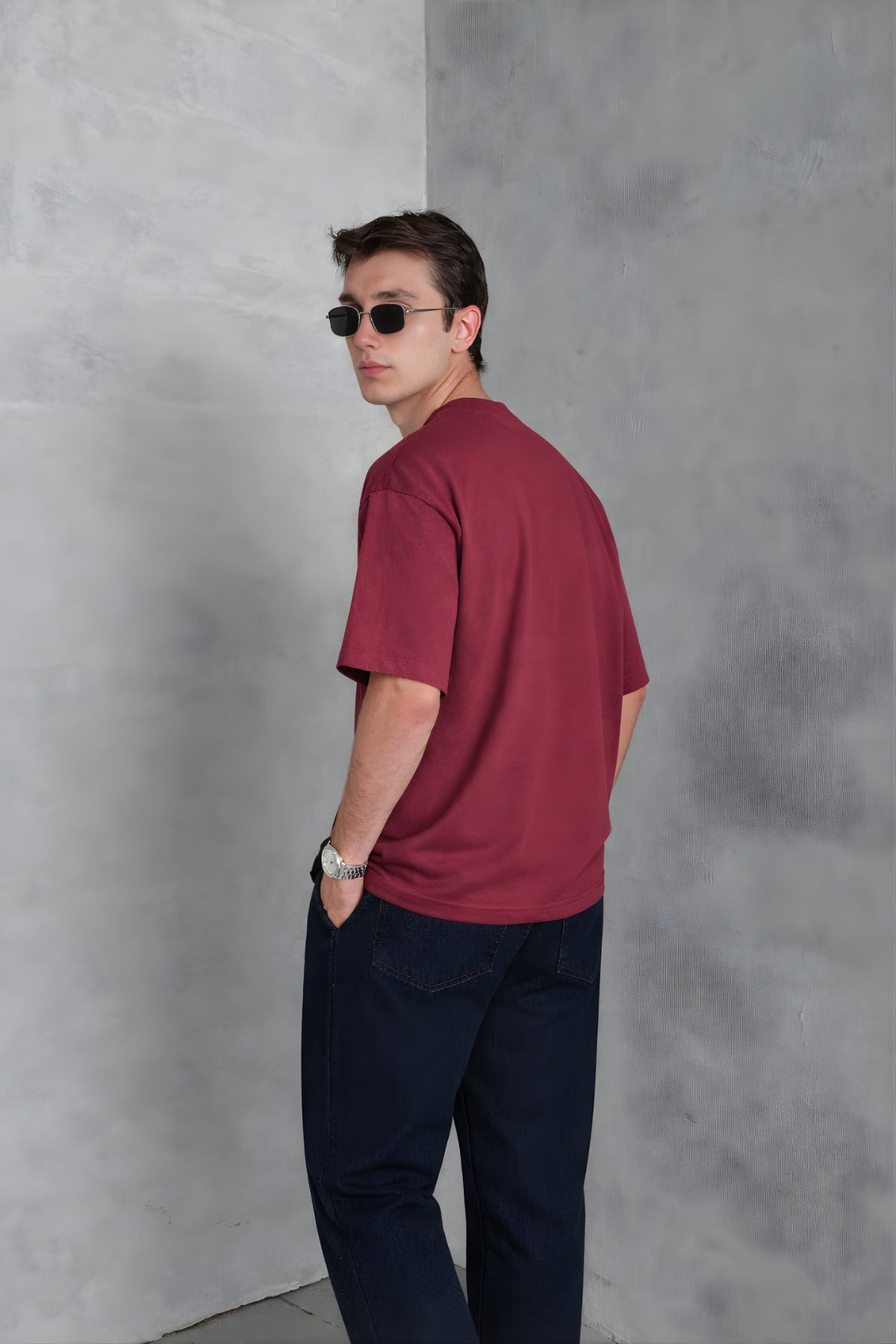 Erkek Siyah Basic Oversize Tişört Rahat Kalıp Düz Minimal Pamuklu Günlük T-shirt - Kırmızı - 2
