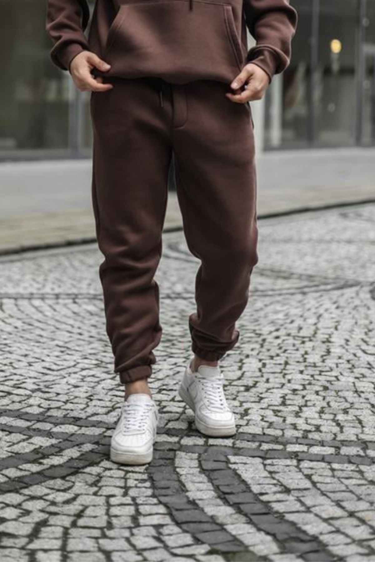 Bay Kahverengi Beli Lastikli 3 İplik Streetwear Eşofman Altı - Kahverengi - 2