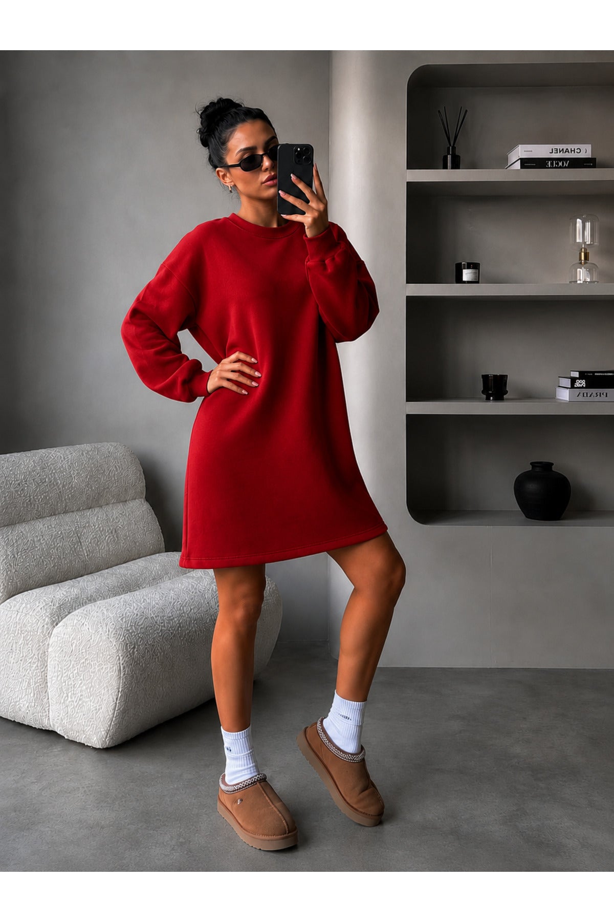 Kadin 3 İ̇pli̇k Yeni̇ Uzun Kollu Bi̇si̇klet Yaka Rahat Sweatshirt Elbi̇se - Kırmızı - 1