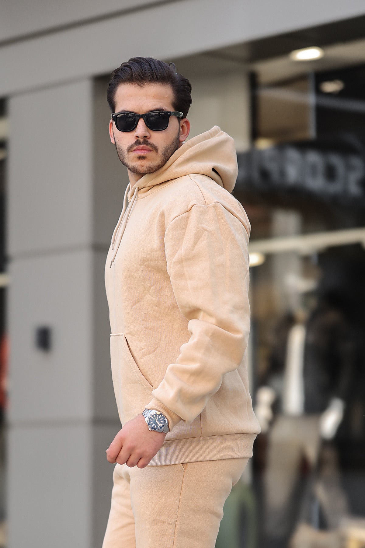 Erkek Bol Kesim Oversize 3 İ̇plik İ̇çi Pamuklu Şardonlu Kanguru Cep Kapşonlu Kışlık Hoodie Sweatshirt - Vizon - 2