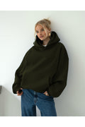 Oversize Kapşonlu Basic Baskısız Okul Sweatshirt - Koyu Yeşil - 1