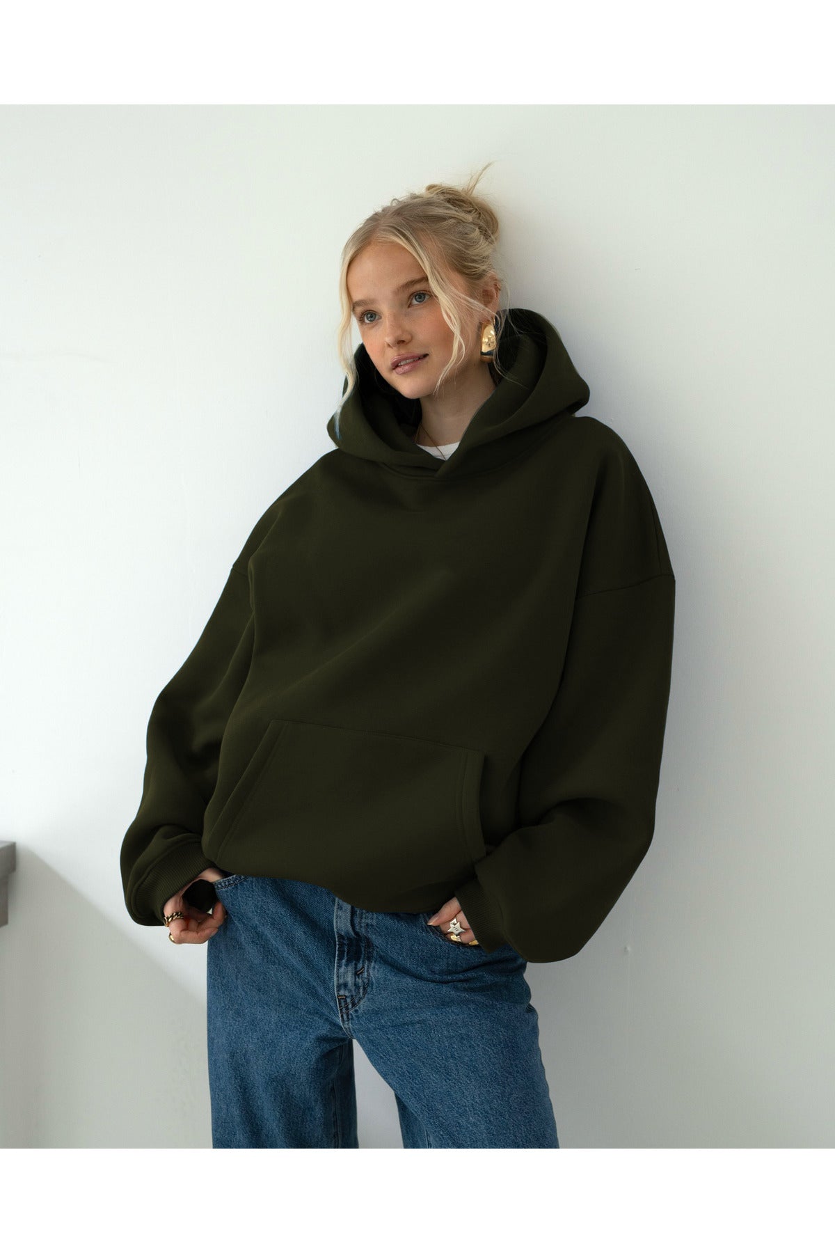 Oversize Kapşonlu Basic Baskısız Okul Sweatshirt - Koyu Yeşil - 1
