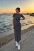 Kadin Fi̇ti̇lli̇ Kisa Kollu Günlük Mi̇di̇ Rahat Esnek Elbi̇se - Füme - 1