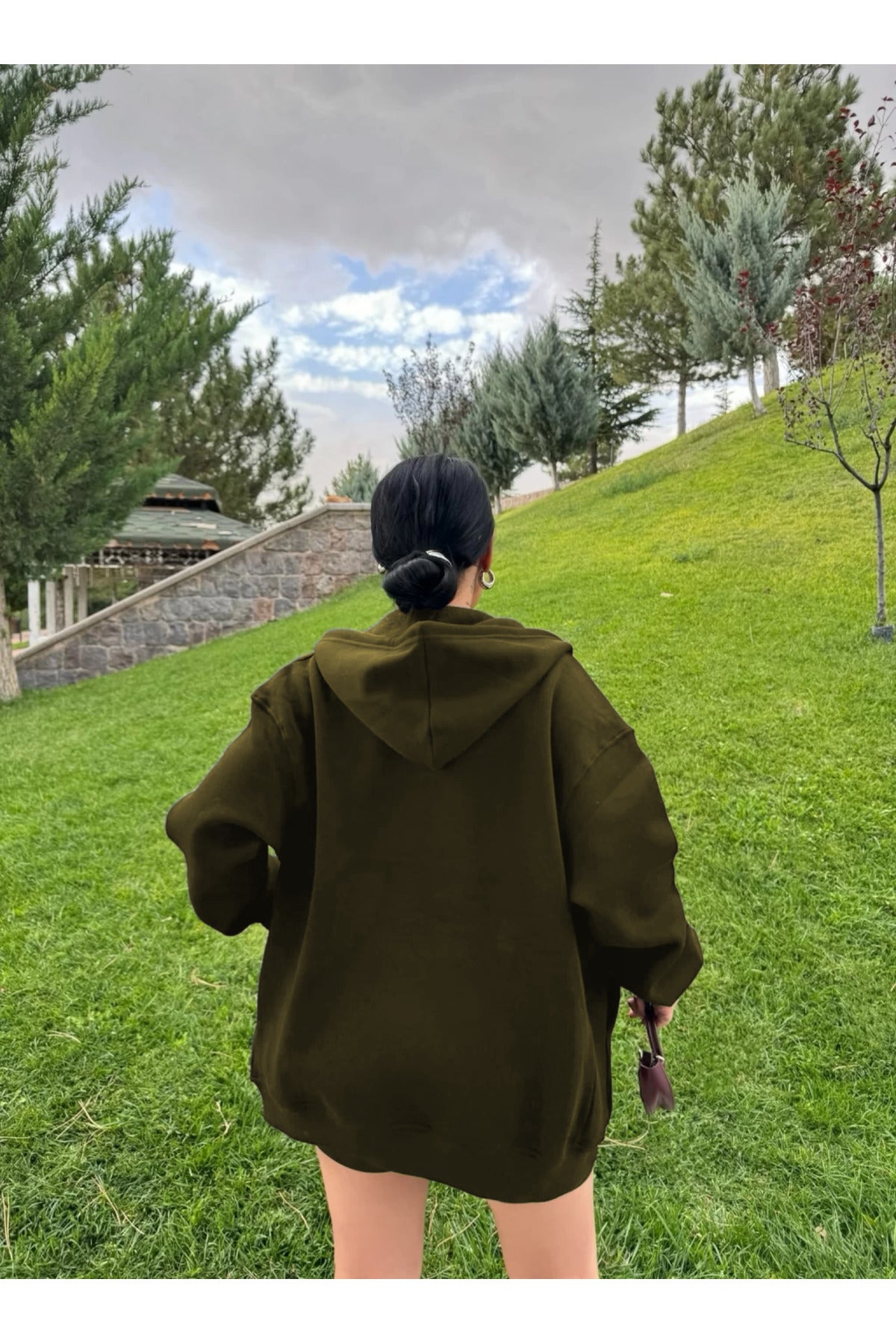 Haki Kadın Düz Fermuarlı Oversize Hırka Sweatshirt - Haki - 2