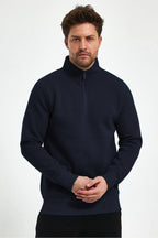 Erkek Yarım Fermuar Dik Yaka Uzun Kollu 3 İ̇plik Sweatshirt - Lacivert - 3