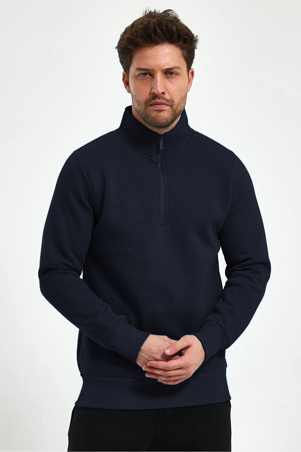 Erkek Yarım Fermuar Dik Yaka Uzun Kollu 3 İ̇plik Sweatshirt - Lacivert - 3