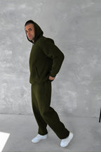 Erkek 3 İ̇pli̇k Oversi̇ze Kapüşonlu Sweatshi̇rt Eşofman Takimi - Haki - 1