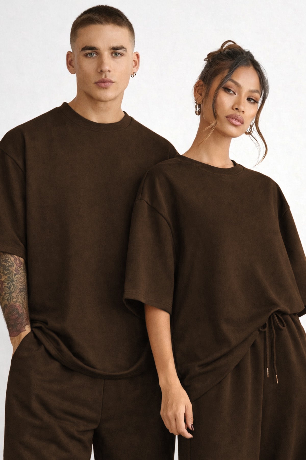 Unisex Çi̇ftleri̇n Kullanimina Uygun Oversi̇ze Kisa Kollu Eşofman Takimi (tekli̇) - Kahverengi - 2