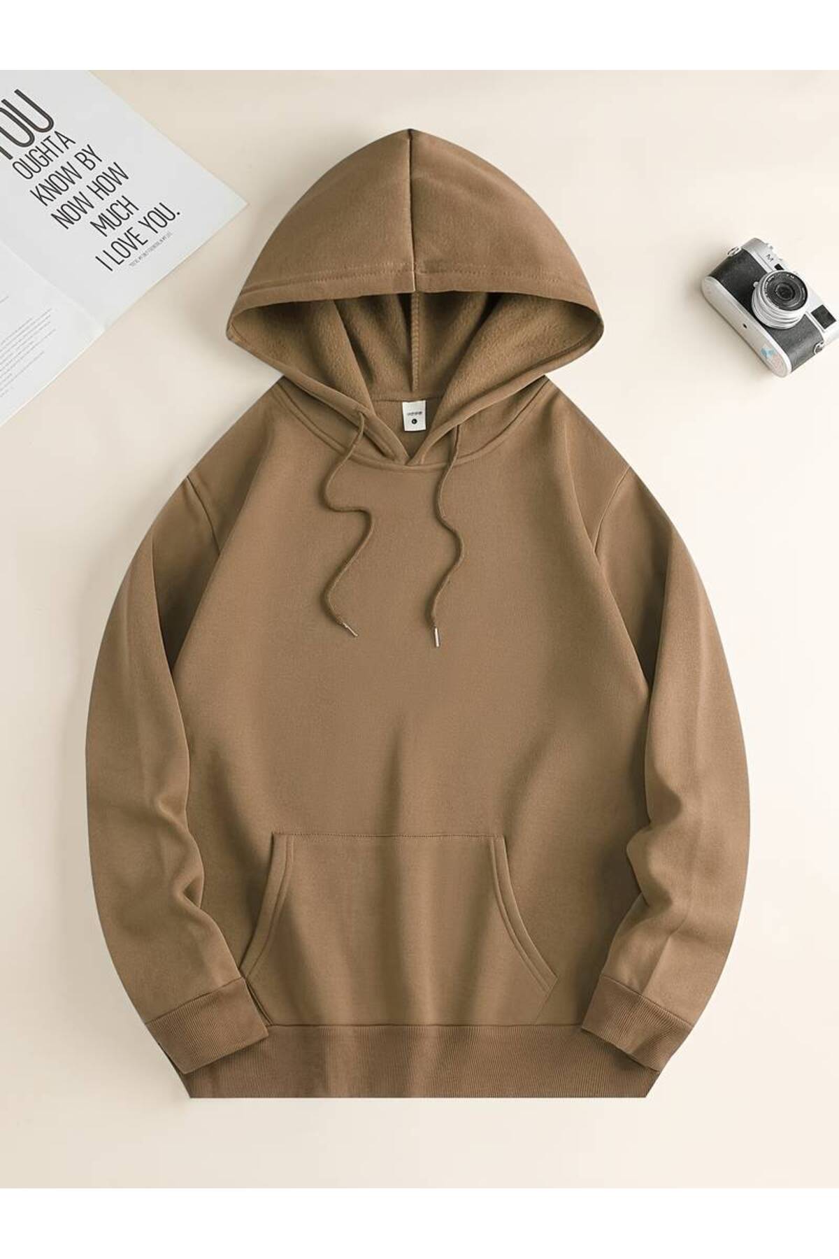 Unisex 3 İ̇plik Kapşonlu İ̇çi Pamuklu Şardonlu Kanguru Cep Okul Sweatshirt - Vizon - 1