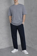 Erkek Siyah Basic Oversize Tişört Rahat Kalıp Düz Minimal Pamuklu Günlük T-shirt - Füme - 3
