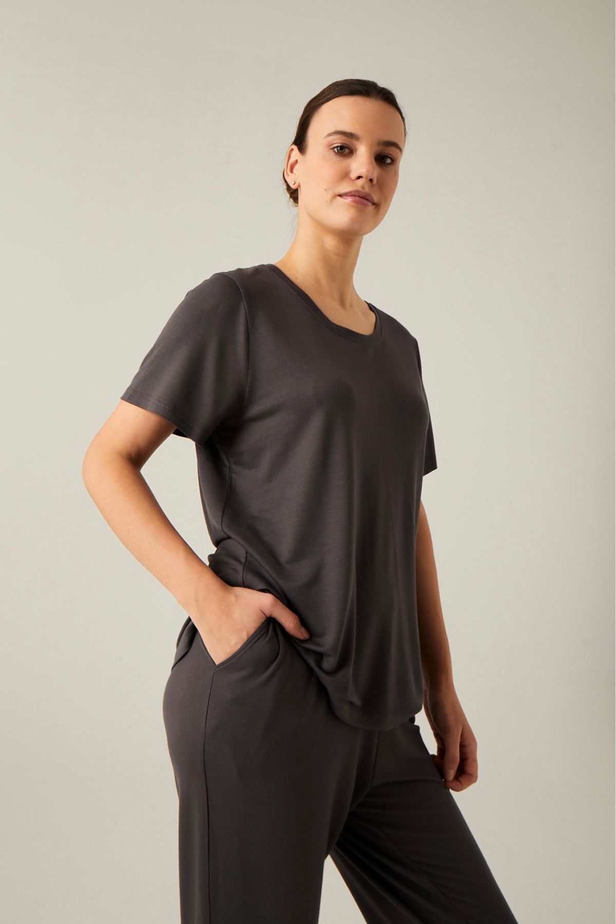 Kadın Füme Kısa Kol Gecelik Pamuklu Pijama Takımı - Füme - 3