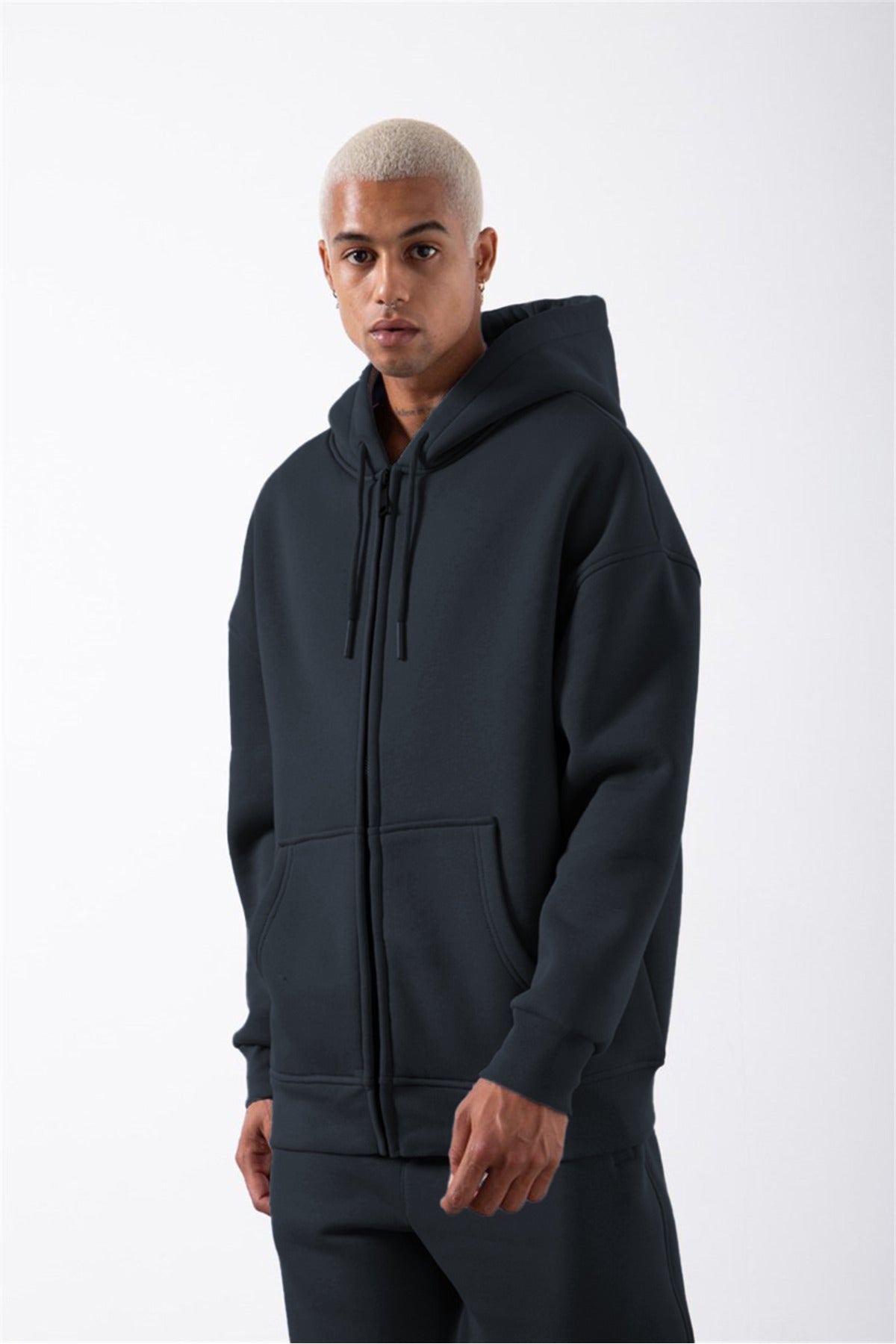 Erkek Füme Fermuarlı Kapşonlu Kanguru Cep Basic Sweatshirt Hırka - Füme - 1
