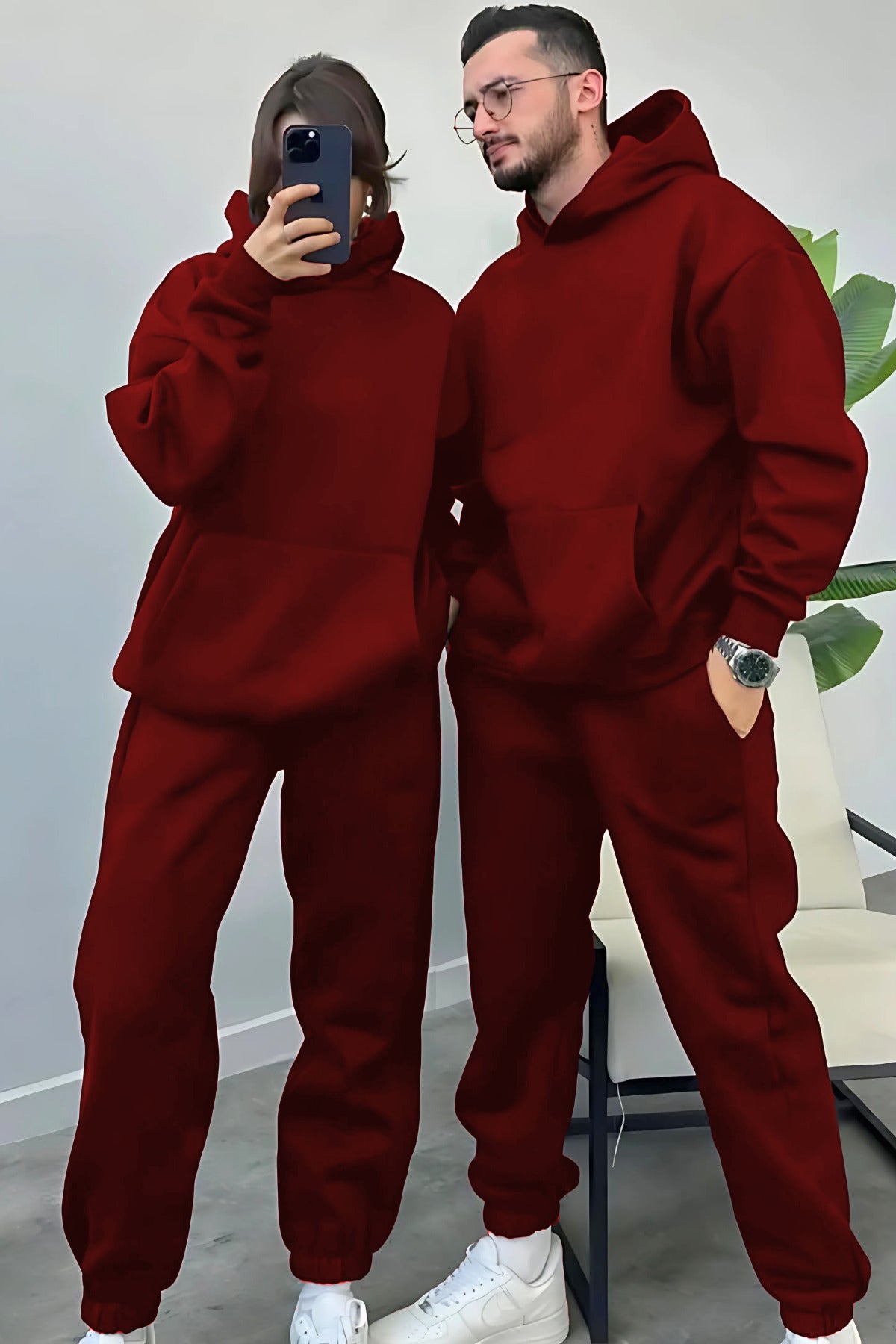 Kadın Erkek Trend Model Çiftlere Özel 3 İplik Oversize Kışlık Kalın Eşofman Takımı (tekli̇) - Bordo - 2