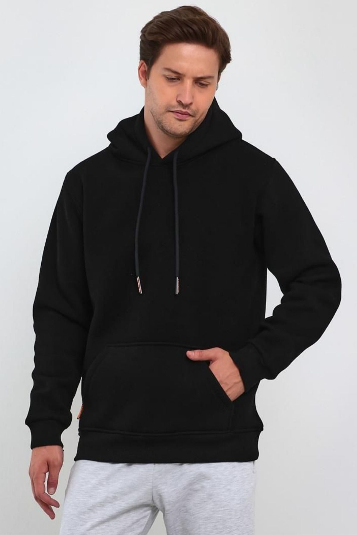 Erkek Kapşonlu Kanguru Cepli̇ 3 İ̇pli̇k Kalin Sweatshi̇rt - Siyah - 3