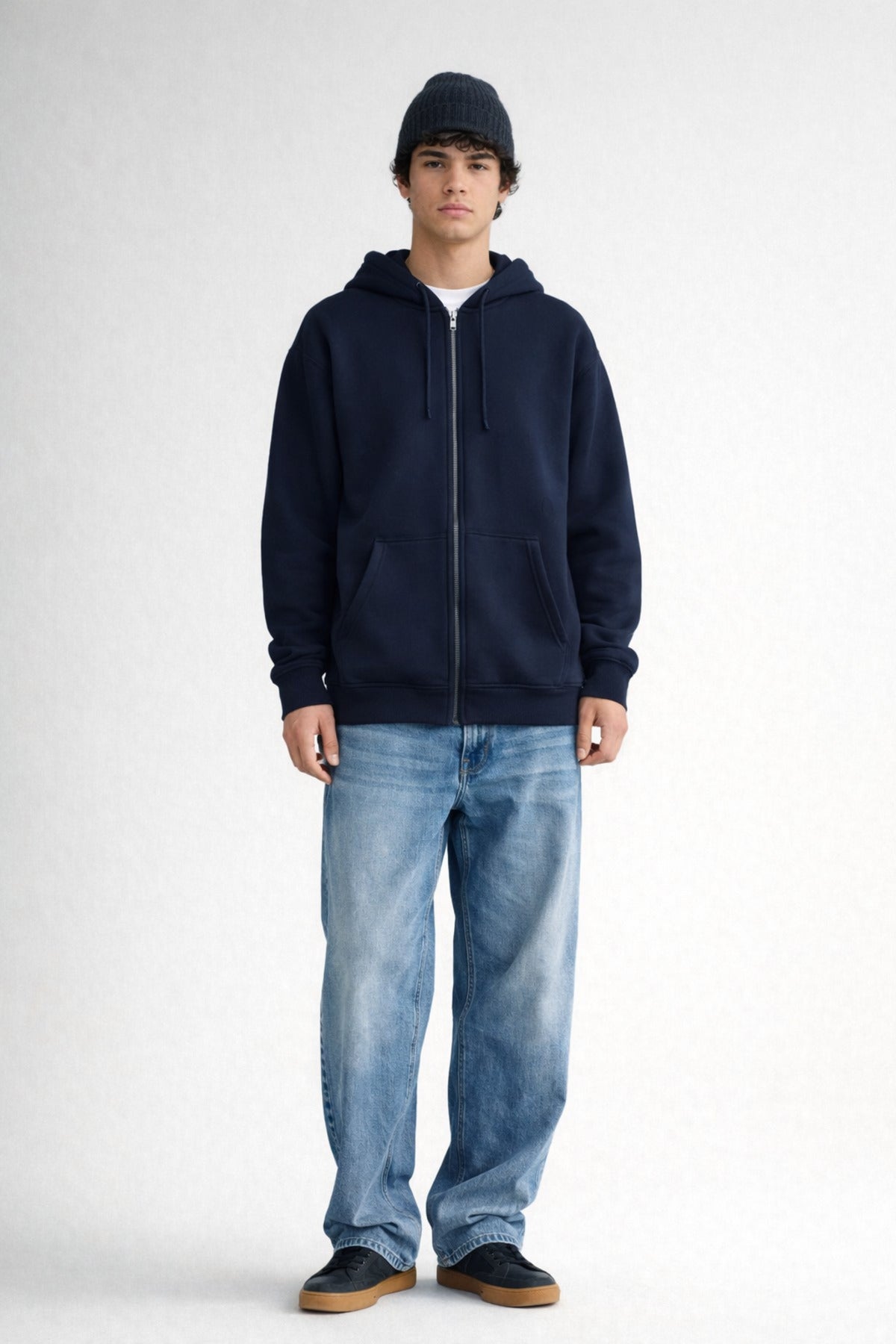 Erkek Oversize Bol Kapşonul Cepli Hoodie Hırka - Lacivert - 2