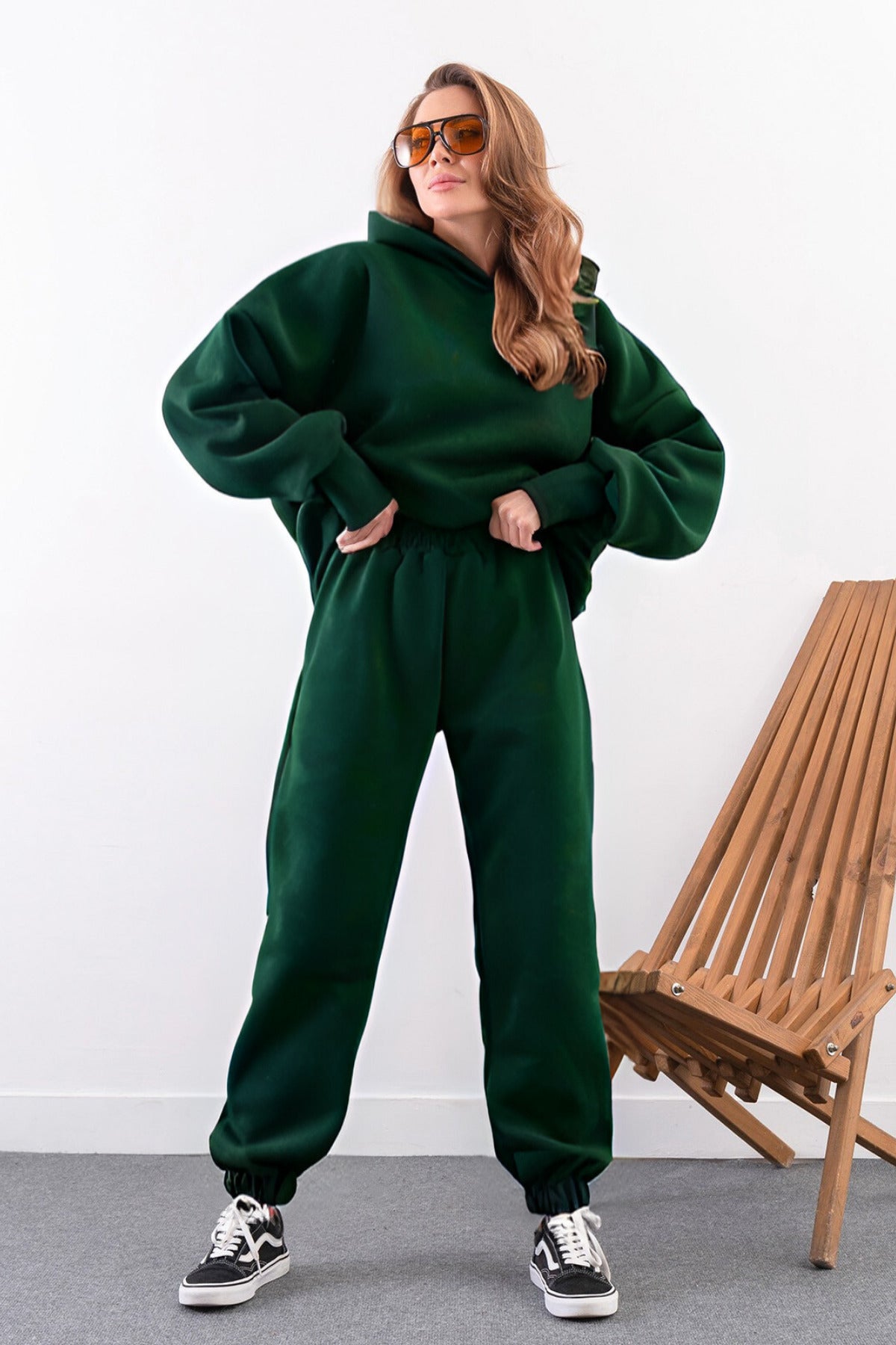 Kadın Yüksek Bel 3 İ̇plik Kalın Şardonlu Oversize Fit Jogger Eşofman Takımı - Koyu Yeşil - 1