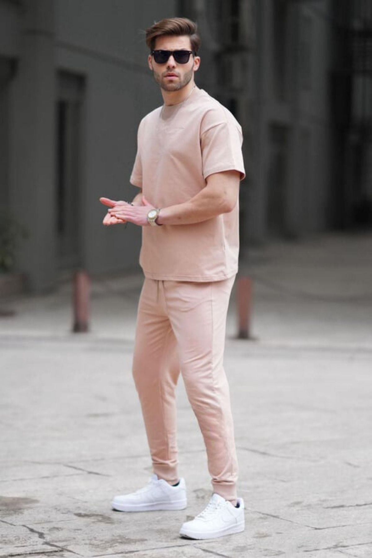 Erkek Beli Yüksek Penye Oversize Kısa Kollu Eşofman Takımı - Bej - 2