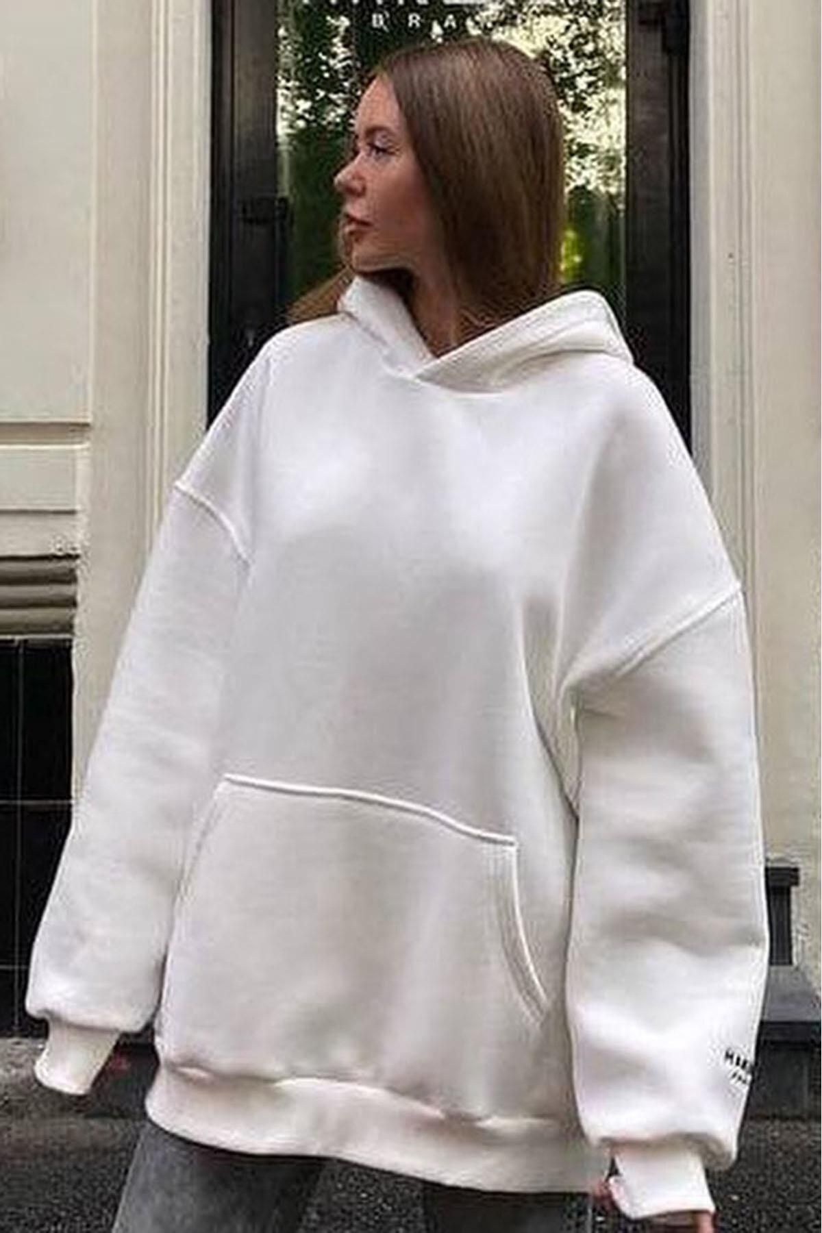 Kadin 3 İ̇pli̇k Kapşonlu Kanguru Cep Sweatshi̇rt - Beyaz - 1